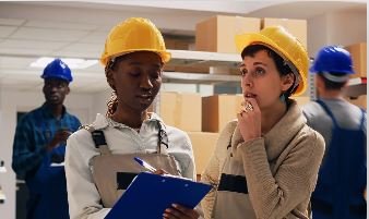 Logistics workers in a warehouse tracking inventory representing Logistics & Evacuation Coordination